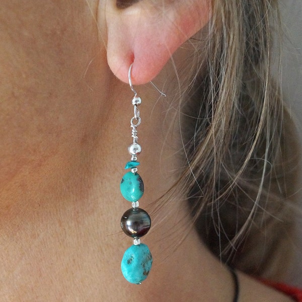 Tahiti perle, pierre  turquoise, perles argent massif,  pendantes, argent 925, boucle oreille