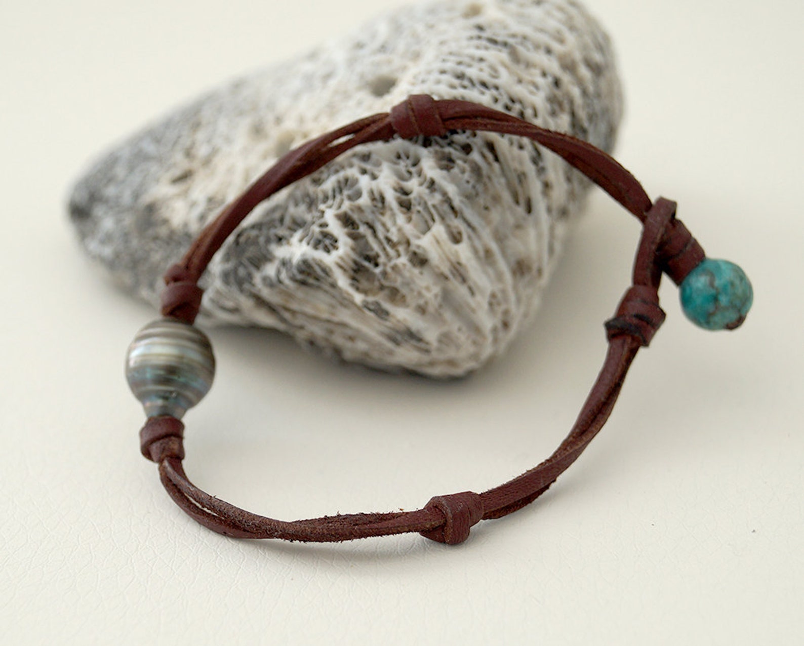 Tahitian Pearl, Man Bracelet, Hand Rolled Leather, Turquoise as Clasp ...