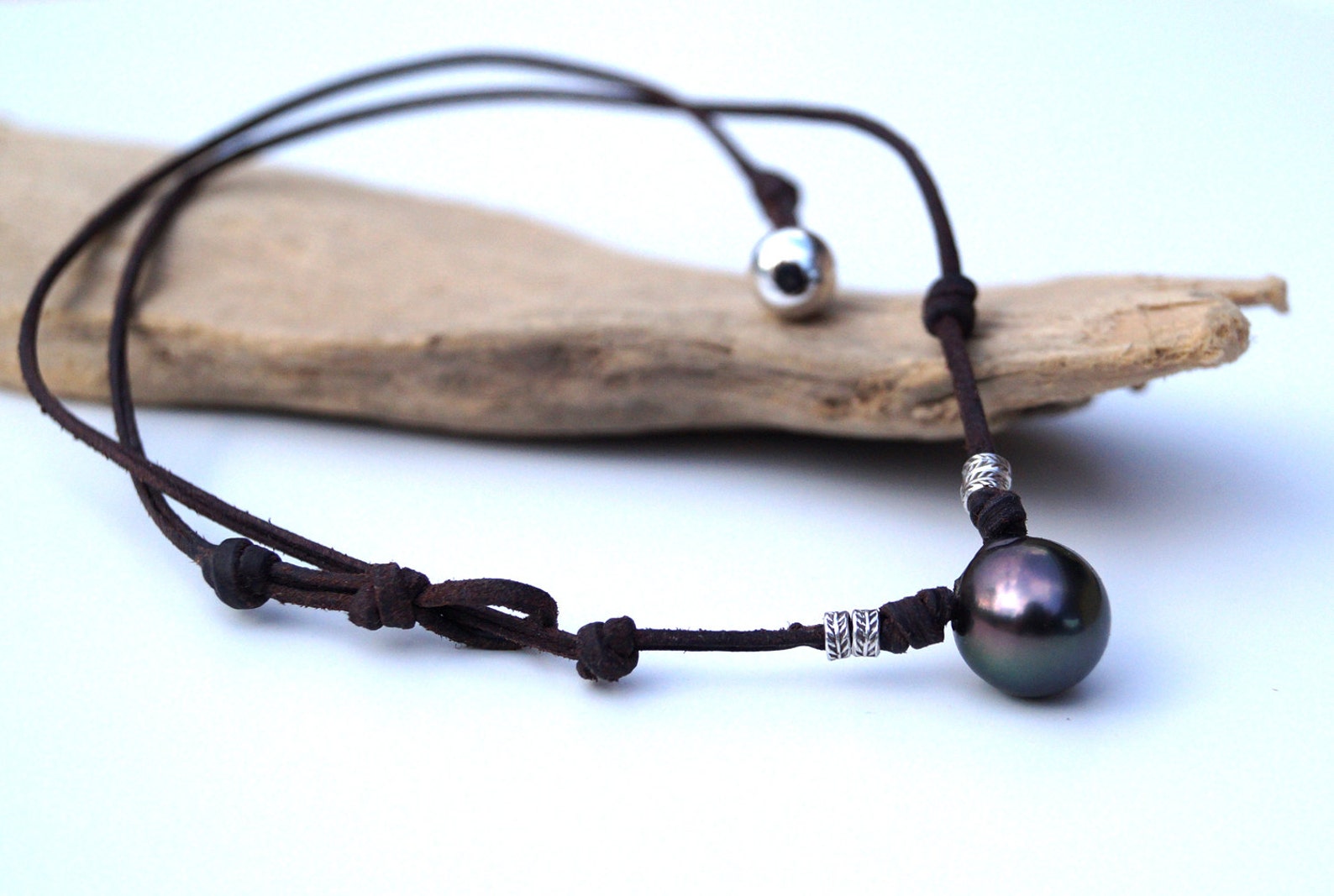 Perle de tahiti Collier homme perles argent cuir naturel | Etsy