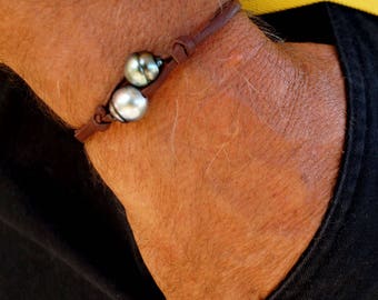 Bracelet for man with tahitian pearls, australian leather, silver 925 as clasp