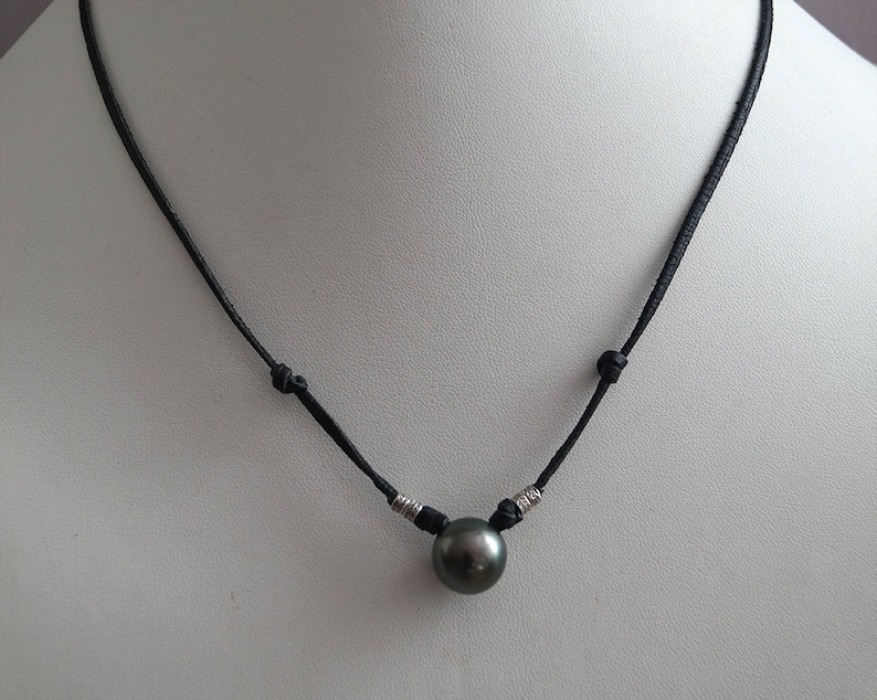 Perle de tahiti Collier homme perles argent cuir naturel | Etsy