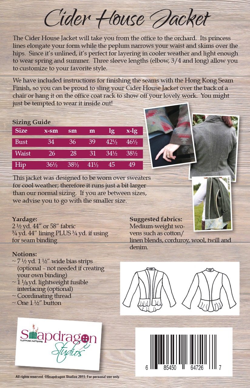 PDF Pattern Cider House Jacket Snapdragon Studios - Etsy