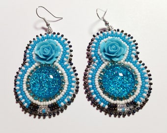 Perlen Ohrringe "Blau Glitter Rose"