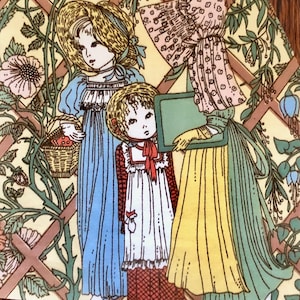 May include: Three girls in vintage clothing stand in a garden setting. The girl on the left is wearing a blue dress and a straw hat. The girl in the middle is wearing a white dress with a red bodice and a straw hat. The girl on the right is wearing a yellow dress with a pink bonnet. The girls are surrounded by flowers and vines.