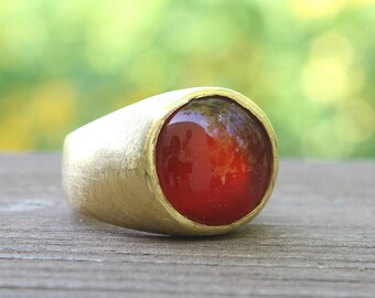 Gemstone Signet Ring, 14K Gold Wide Ring, Solid Gold Ring, Round Carnelian Stone, Gift Ring For Men, Statement Unique Gift Ring For Women