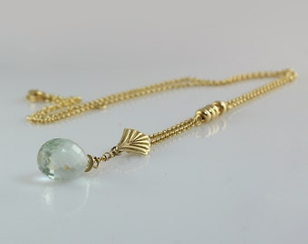 Green Amethyst Necklace, 14K Gold Amethyst Necklace, February Birthstone, Long Necklace, Tear Drop Pendant, Gift For Women, Fine Necklace
