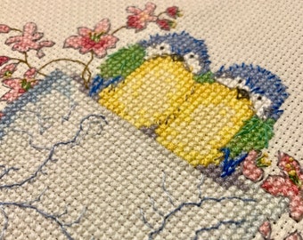 Birds Blue Tits in Teacup Completed Finished Cross Stitch Embroidery Flowers Mothers Day Valentines Day New Baby