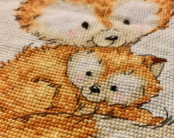 Completed Finished Cross Stitch Embroidery Fox Foxes Mother and Babies Wild Animals