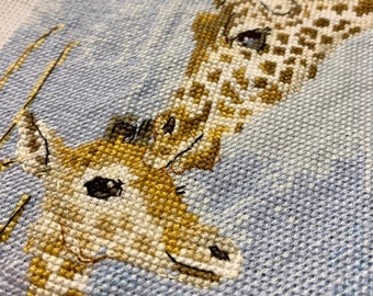 Completed Finished Cross Stitch Embroidery Giraffes Mother and Baby Wild Animals