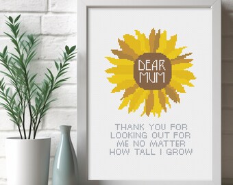 Mum Mothers Day Cross Stitch Pattern Helping me grow sunflower