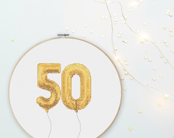 50th Number Balloons Happy Birthday Typography Cross Stitch Pattern Gold Silver Rose Gold