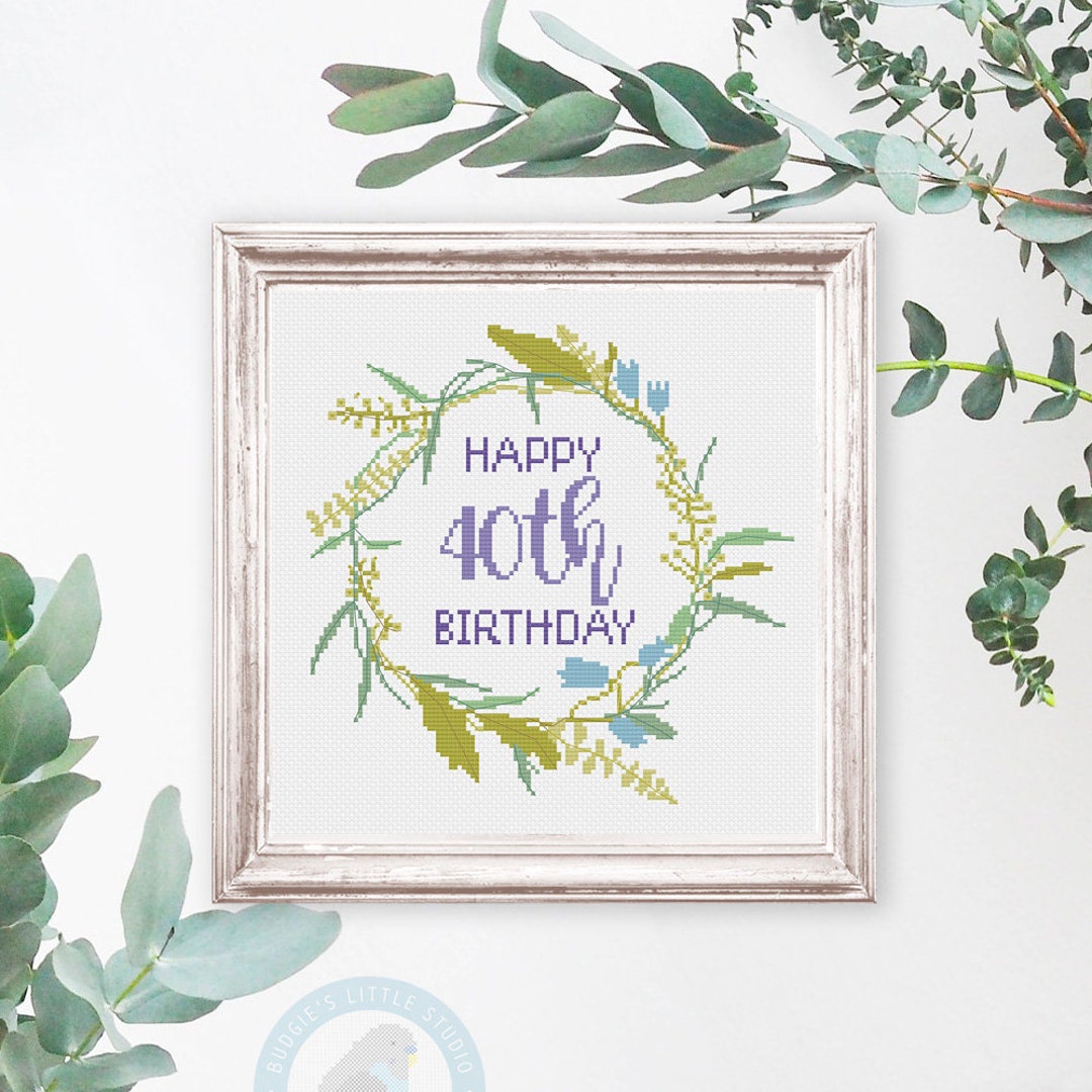 40th Happy Birthday Typography Wreath Cross Stitch Pattern - Etsy