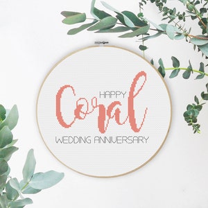 Coral Wedding Anniversary Cross Stitch Pattern congratulations perfect gift 35 years 35th