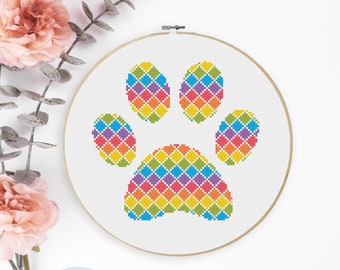 Paw Print Rainbow Diamond Cross Stitch Pattern