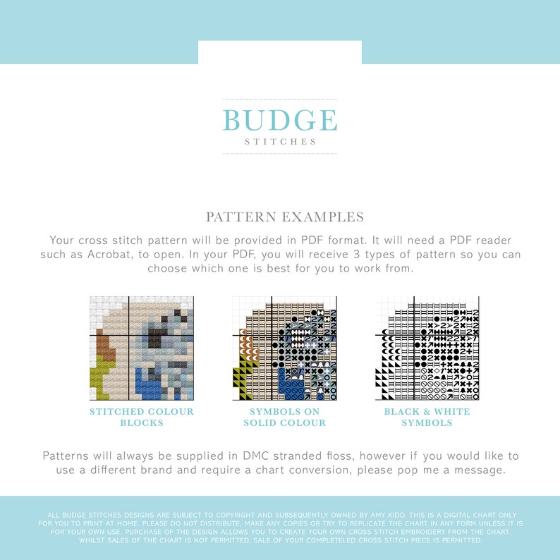 May include: A digital cross stitch pattern example showing three different formats: stitched color blocks, symbols on solid color, and black and white symbols. The text reads "BUDGE STITCHES" and "PATTERN EXAMPLES".