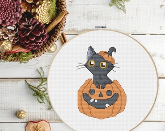 Pumpkin Cat Happy Halloween Typography Cross Stitch Pattern