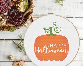 Pumpkin Happy Halloween Typography Cross Stitch Pattern