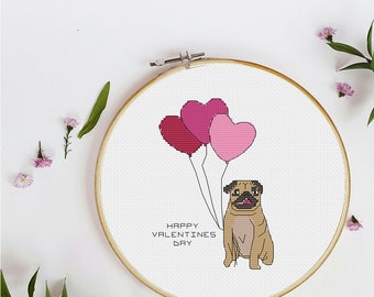 Love Valentines Day Pug Dog Cross Stitch Pattern