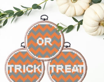 Trick or Treat Halloween Chevron Typography Cross Stitch Patterns TRIO THREE PATTERNS