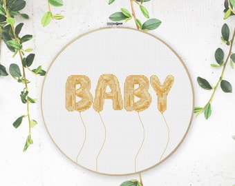 Soft Gold Neutral Baby Balloons Typography Cross Stitch Pattern