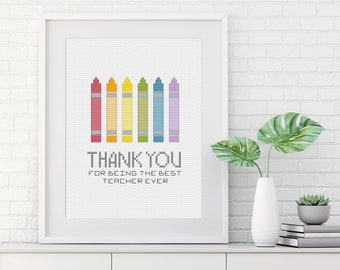 Thank you Teacher Cross Stitch Pattern Crayons