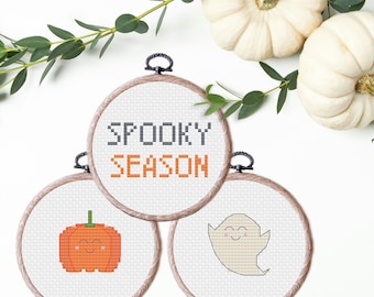 Halloween Cute Pumpkin Ghost Spooky Season Typography Cross Stitch Patterns