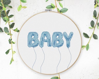 Blue Baby Balloons Typography Cross Stitch Pattern