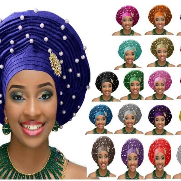 Frenzy African Fashions Aso Oke  Auto Gele Ready to Wear African Head wrap Headtie Pre-styled Turban Wedding Pearl Hat One Size Adjustable