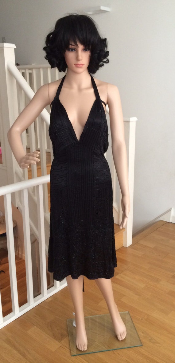 1920's 1930's halter neck black silk satin beaded