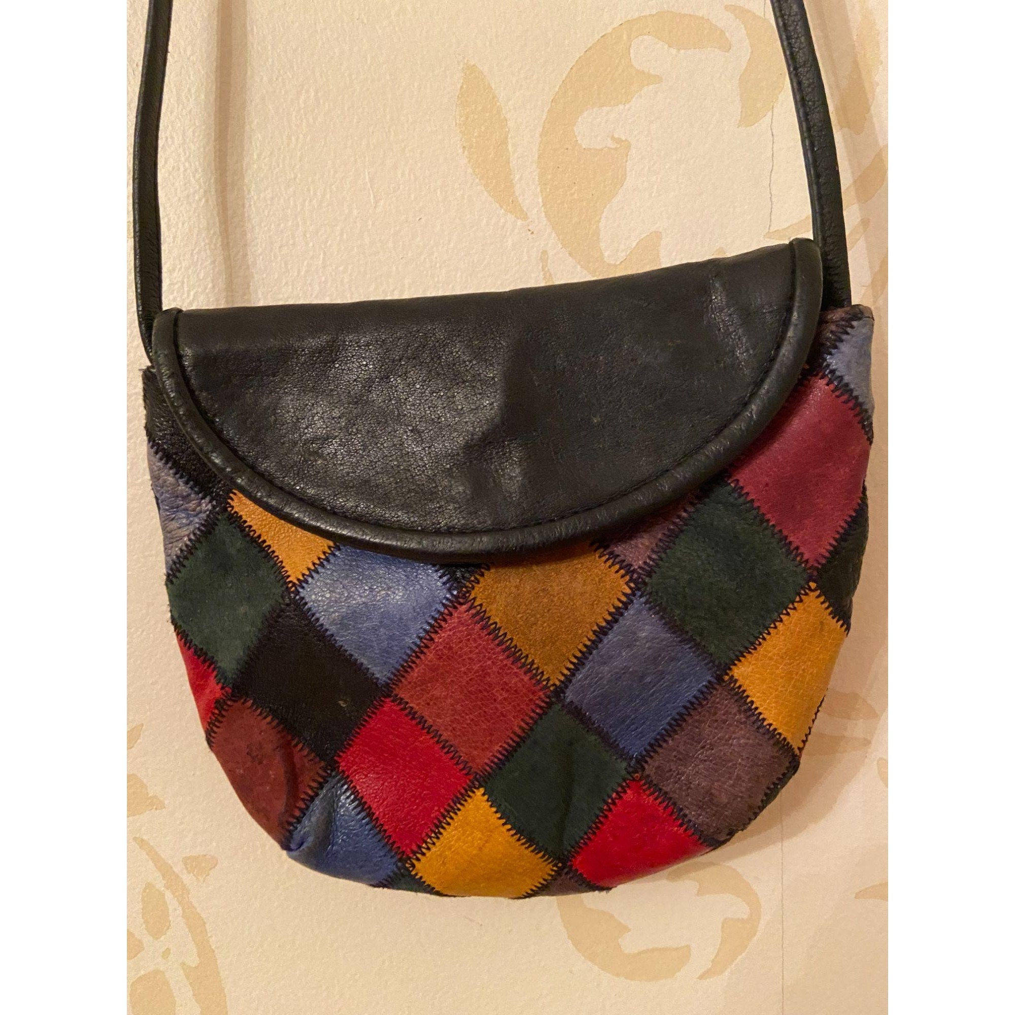 Vintage 80s Colorful Patchwork Print Leather Drawstring Purse – Total  Recall Vintage