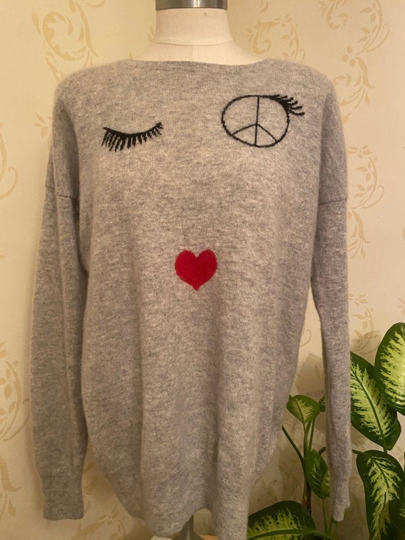 Aqua Cashmere Winking Face Intarsia Cashmere Sweat