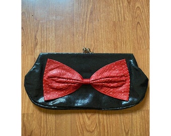 Jamah Couture Black Large Leather Clutch with Red Bow