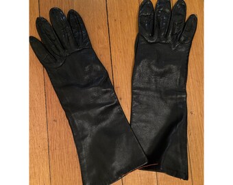 Vintage Italy WPL #9111 Black Italian Leather Long Forearm Gloves Size 7