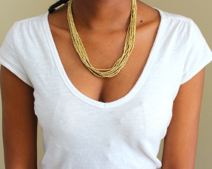 Gold Seed Bead Necklace. Gold Beaded Necklace. Multistrand Necklace ...