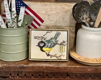 Vintage Framed Bird on a Branch Cross-Stitch Embroidery