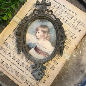 Antique Petite Framed Hanging Little Girl Portrait Picture Made in Italy