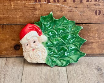 Vintage Ceramic Santa Claus Holly Leaf Serving Dish