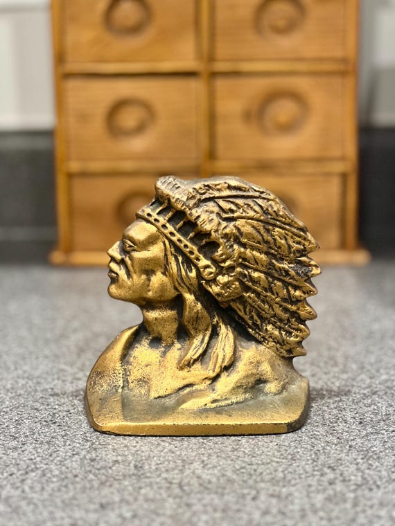 Rare Antique Native American Indian Chief Brass Bronze Metal