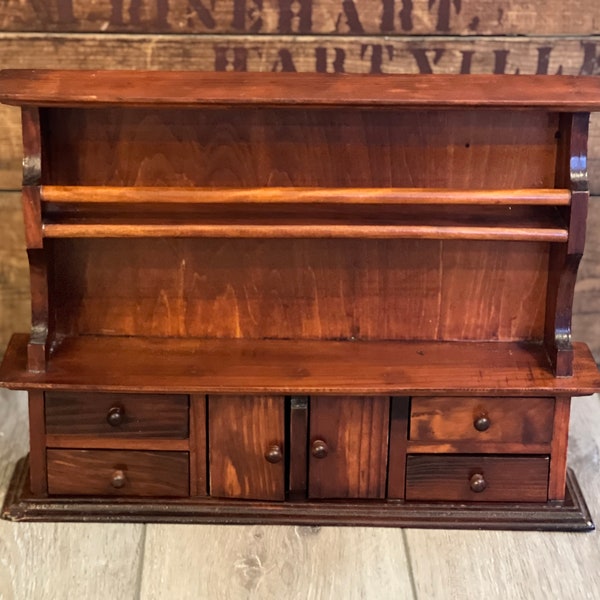 Vintage 2 Tier Multi Drawer Wall Hanging Table Top Wood Spice Rack Shelf