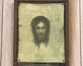 Vintage "Jesus Christus" Gabriel Max 'St. Veronica's Handkerchief' Framed Optical Illusion Print
