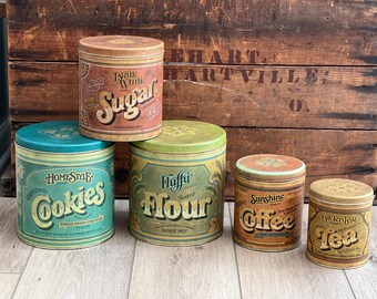 Vintage Nesting Tin Canister Set Ballonoff Kitschy Kitchen Storage Rustic Home Decor