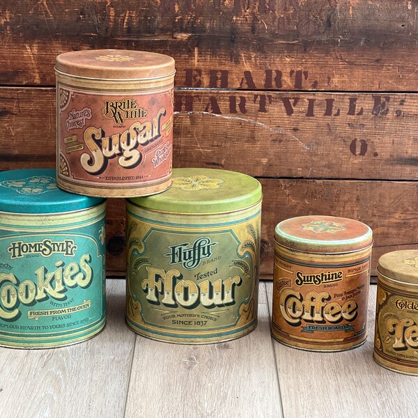 Vintage Nesting Tin Canister Set Ballonoff Kitschy Kitchen Storage Rustic Home Decor