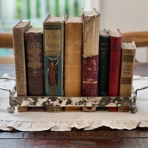 May include: A collection of eight vintage hardcover books standing upright in a rectangular silver-toned metal tray with handles. The books feature various colors including tan, dark brown, blue, red, and green, with visible text on their spines.