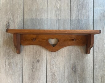 Vintage Rustic Country Style Oak Wood Wall Shelf with Heart Eyelet Opening 1990s Farmhouse
