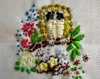 Vintage Floral Owl on a Branch Crewel Embroidery