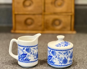 Vintage Blue and White Floral Creamer and Sugar Japan