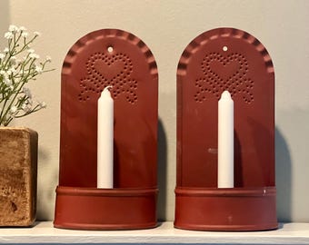 Vintage Red Punched Tin Heart Metal Candle Sconce Set of 2