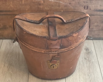 Rare Antique Leather Top Hat Box Victorian Brown Travel Red Interior