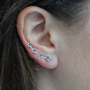 Silver Ear Climbers, Flower Climber Earrings, Sterling Silver Ear Crawlers , Ear Cuff, Boho Silver Stud Earrings image 1