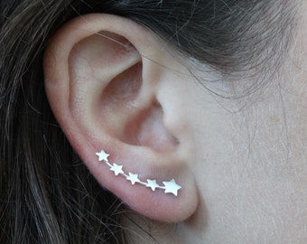 Silver Ear Climber, Silver Stars Climber Earrings, Sterling Silver Ear Crawler, Boho Silver Earrings